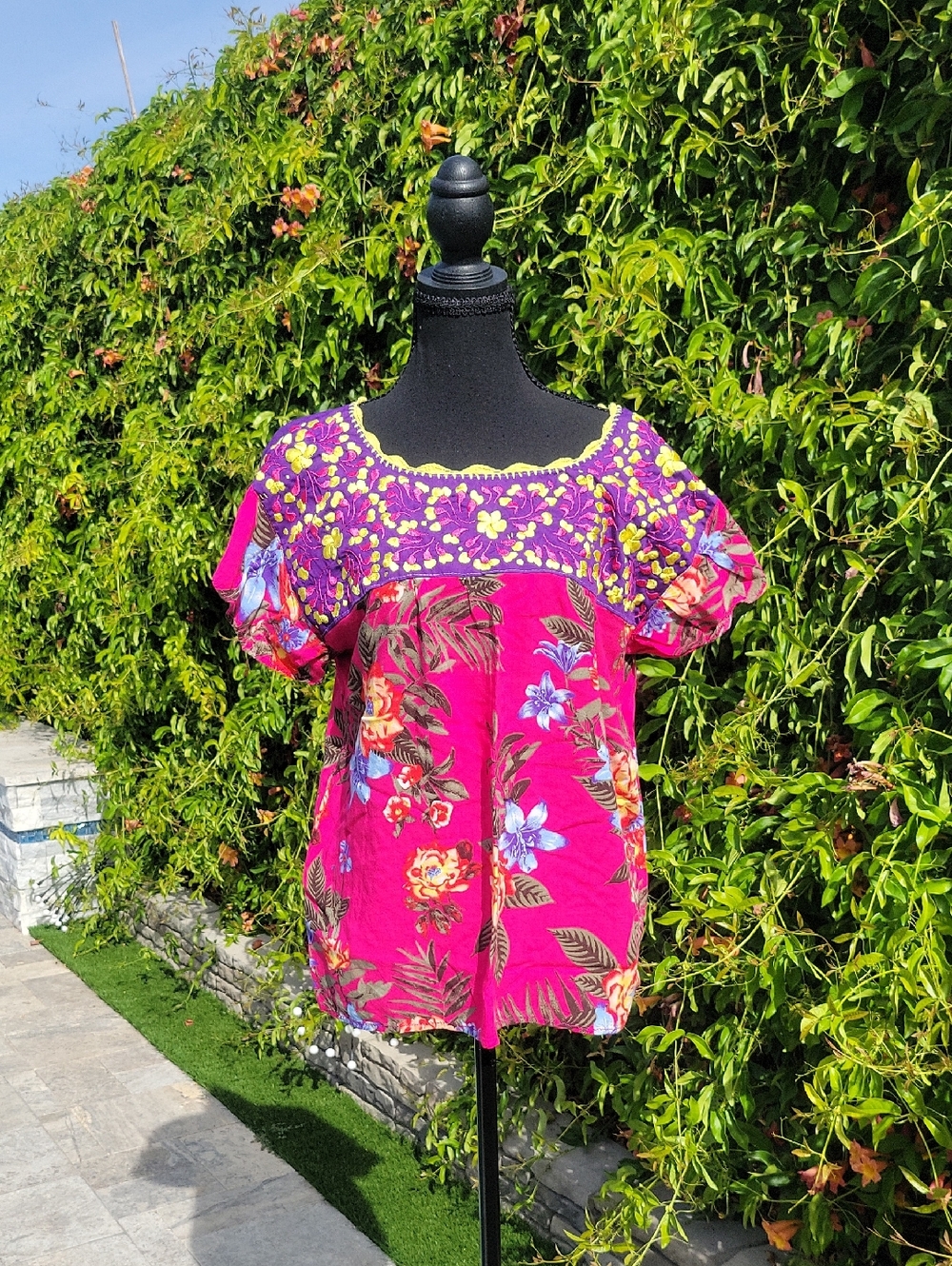 Vibrant Floral Embroidered Blouse Hawaiin Babydoll Shirt Pink and Purple